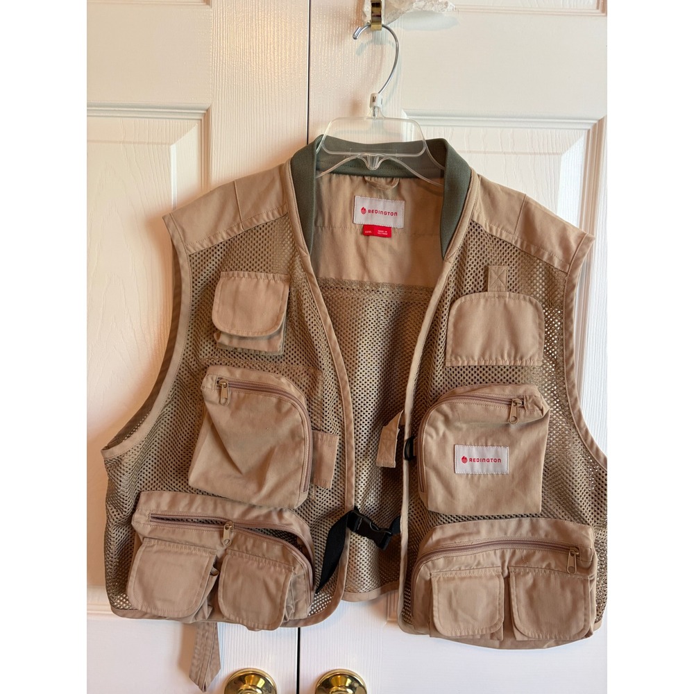 Redington Fly Fishing Vest Tan Khaki Mesh Utility Multi Pocket LG/XL